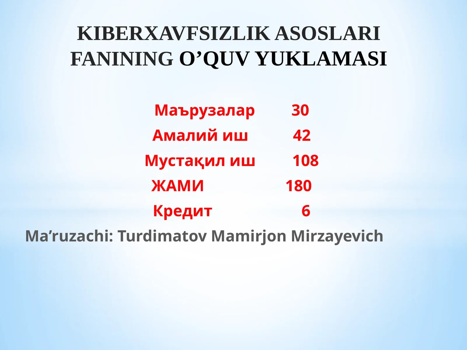 KIBERXAVFSIZLIK ASOSLARI FANINING O’QUV YUKLAMASI