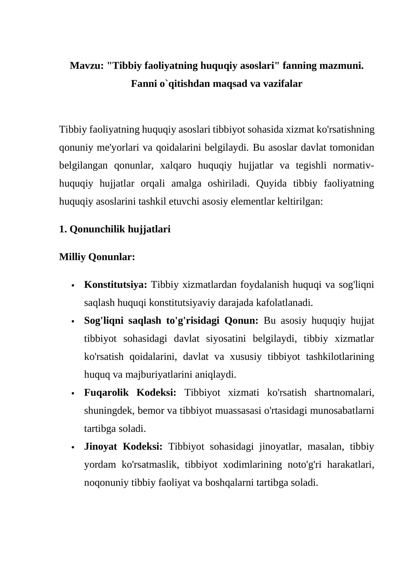 Tibbiy faoliyatning huquqiy asoslari