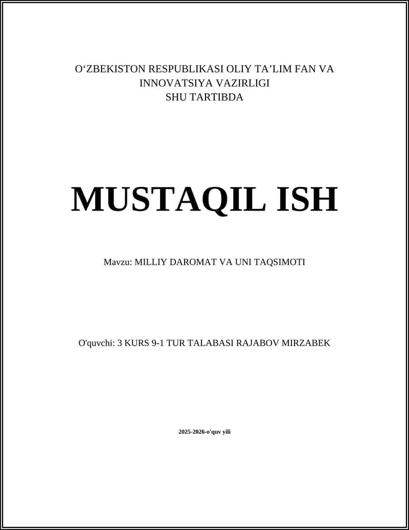 MILLIY DAROMAT VA UNI TAQSIMOTI