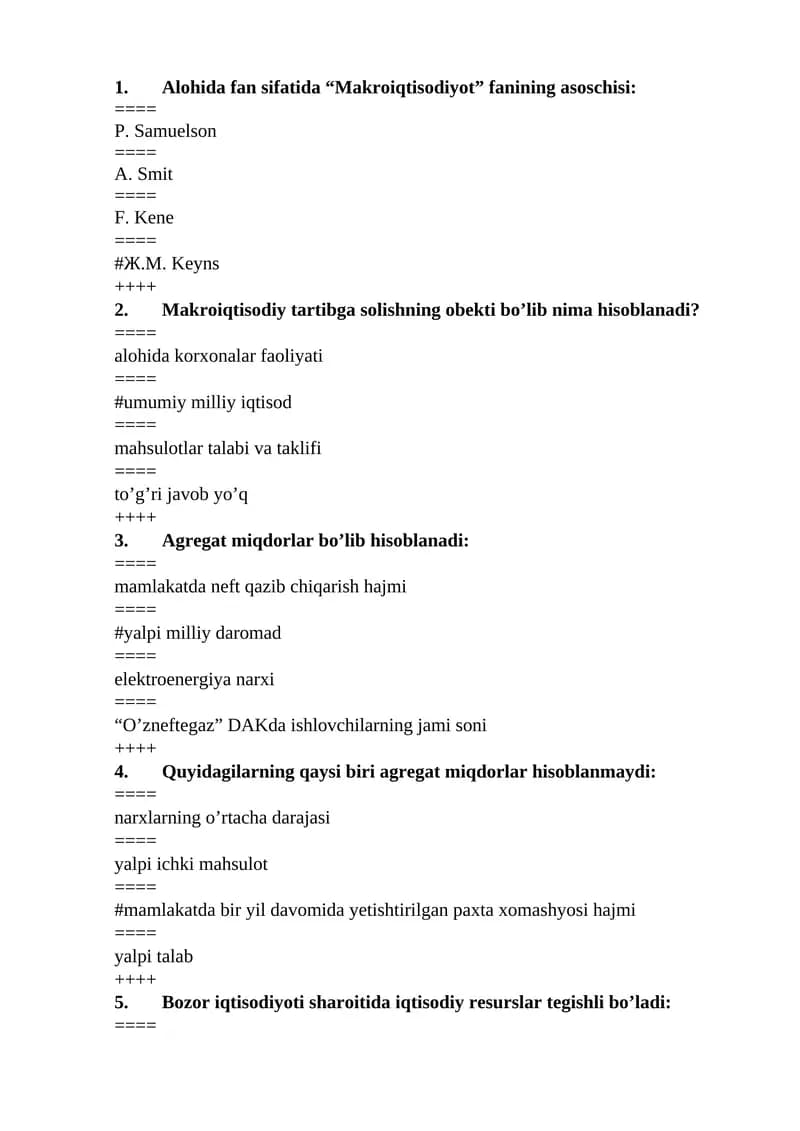 Makroiqtisodiyot fanidan testlar
