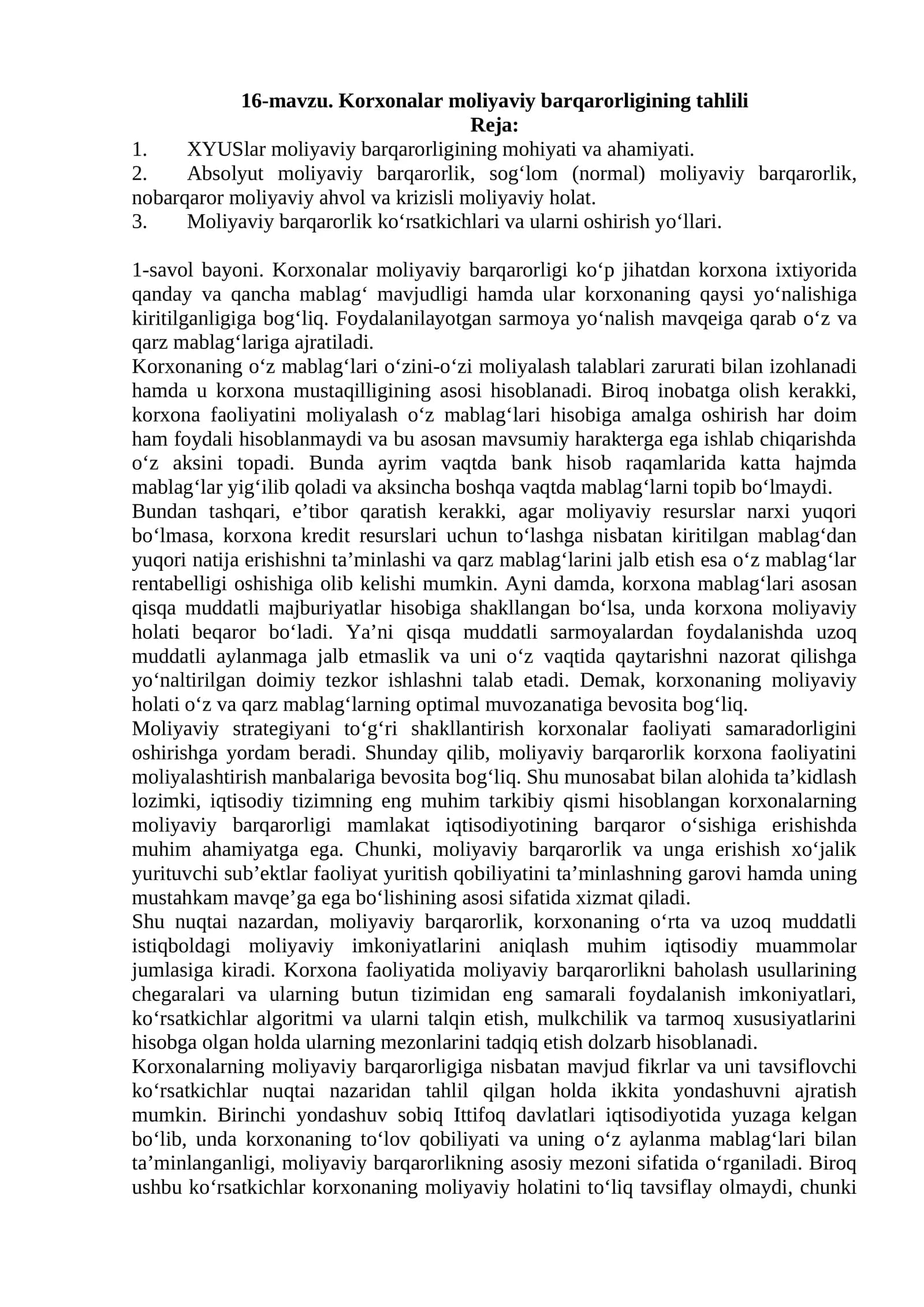 Korxonalar moliyaviy barqarorligining tahlili