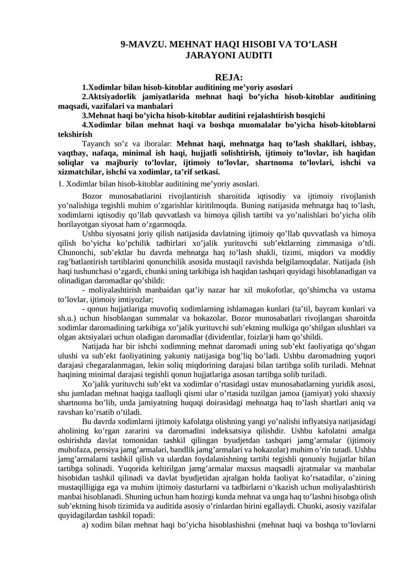 Mehnat haqi hisobi va to'lash auditining jarayoni