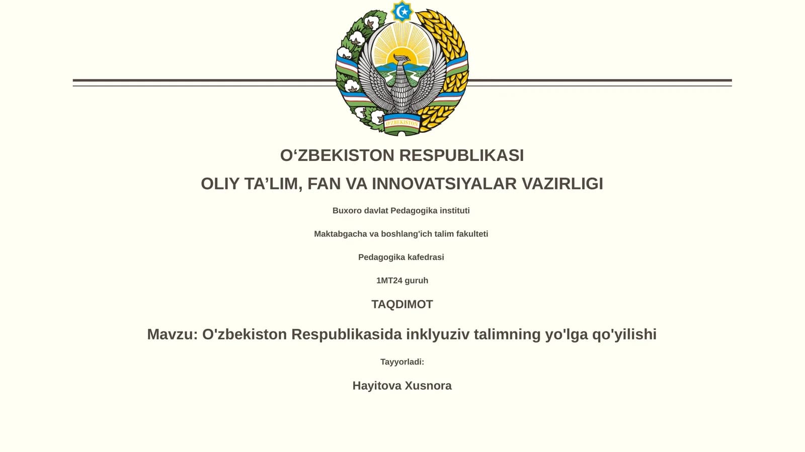 O'zbekiston Respublikasida inklyuziv talimning yo'lga qo'yilishi