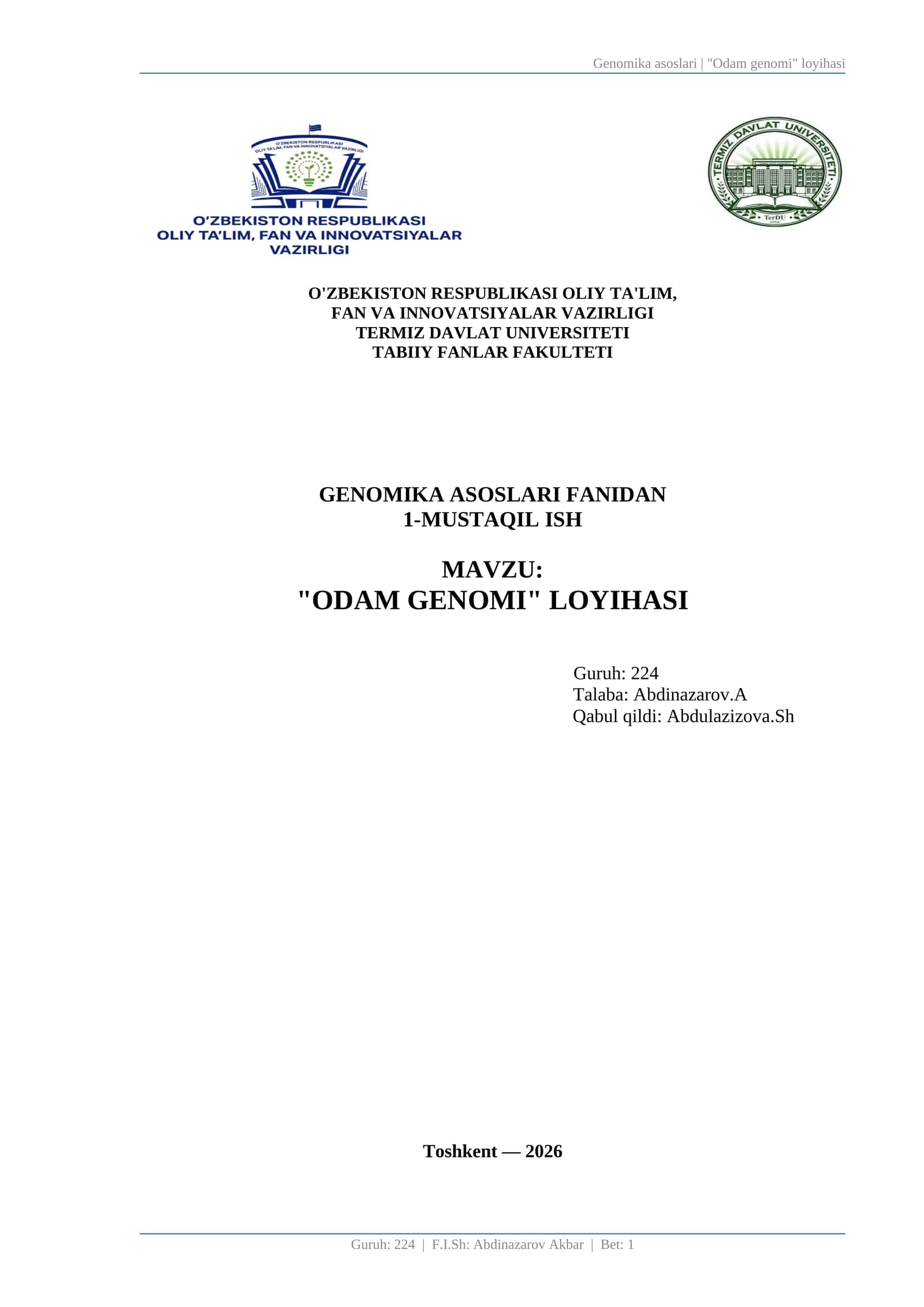 "ODAM GENOMI" LOYIHASI