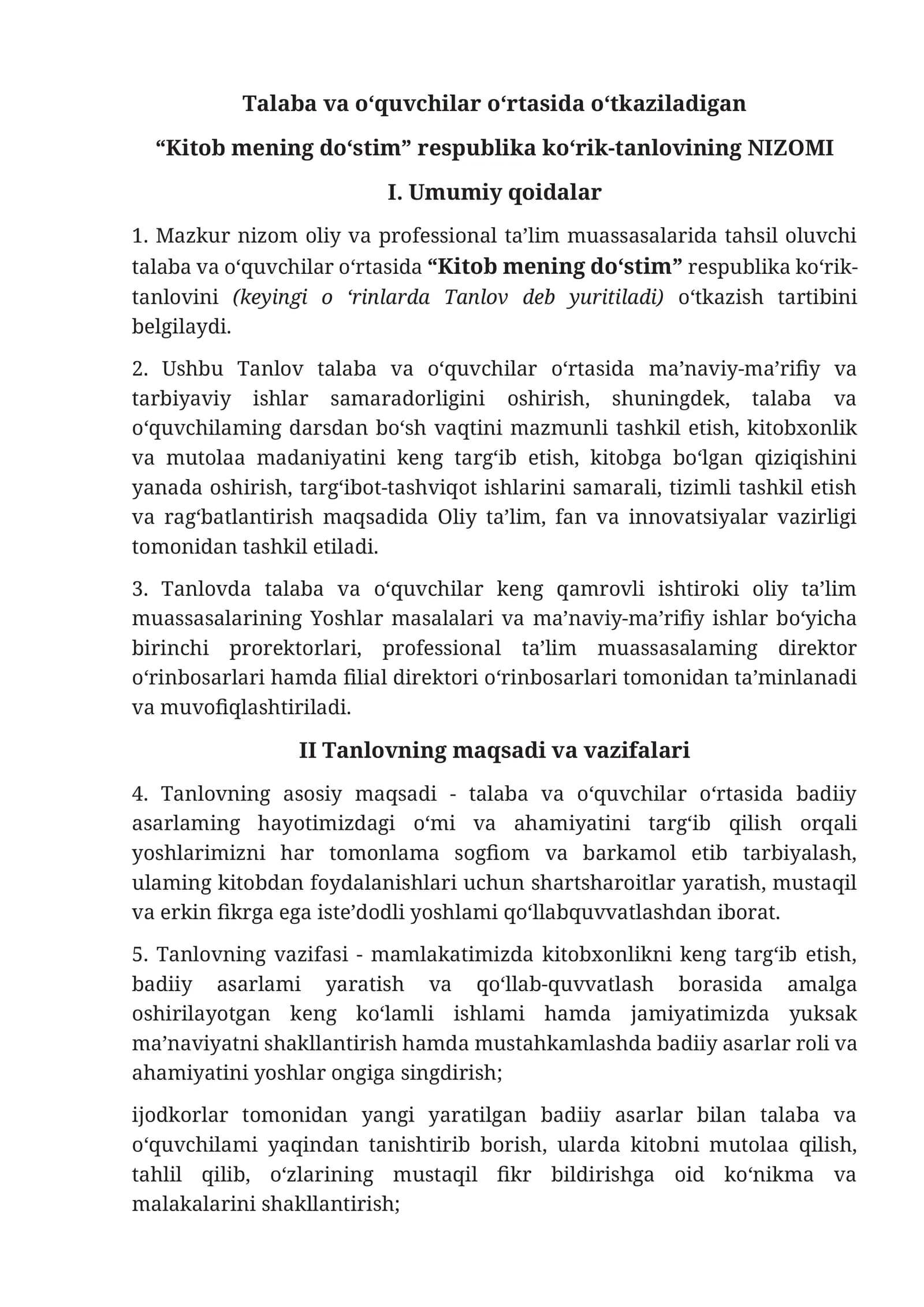 "Kitob mening do‘stim" nizomi