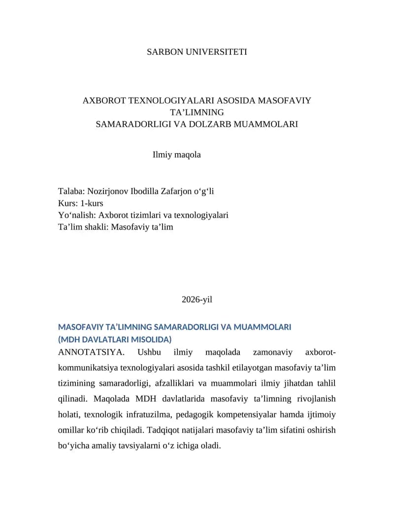 MASOFAVIY TA’LIMNING SAMARADORLIGI VA MUAMMOLARI
