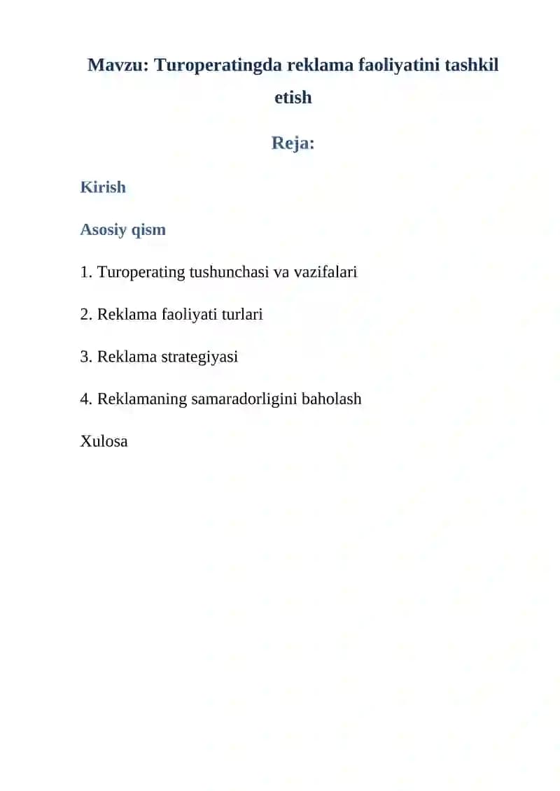 Turoperatingda reklama faoliyatini tashkil etish