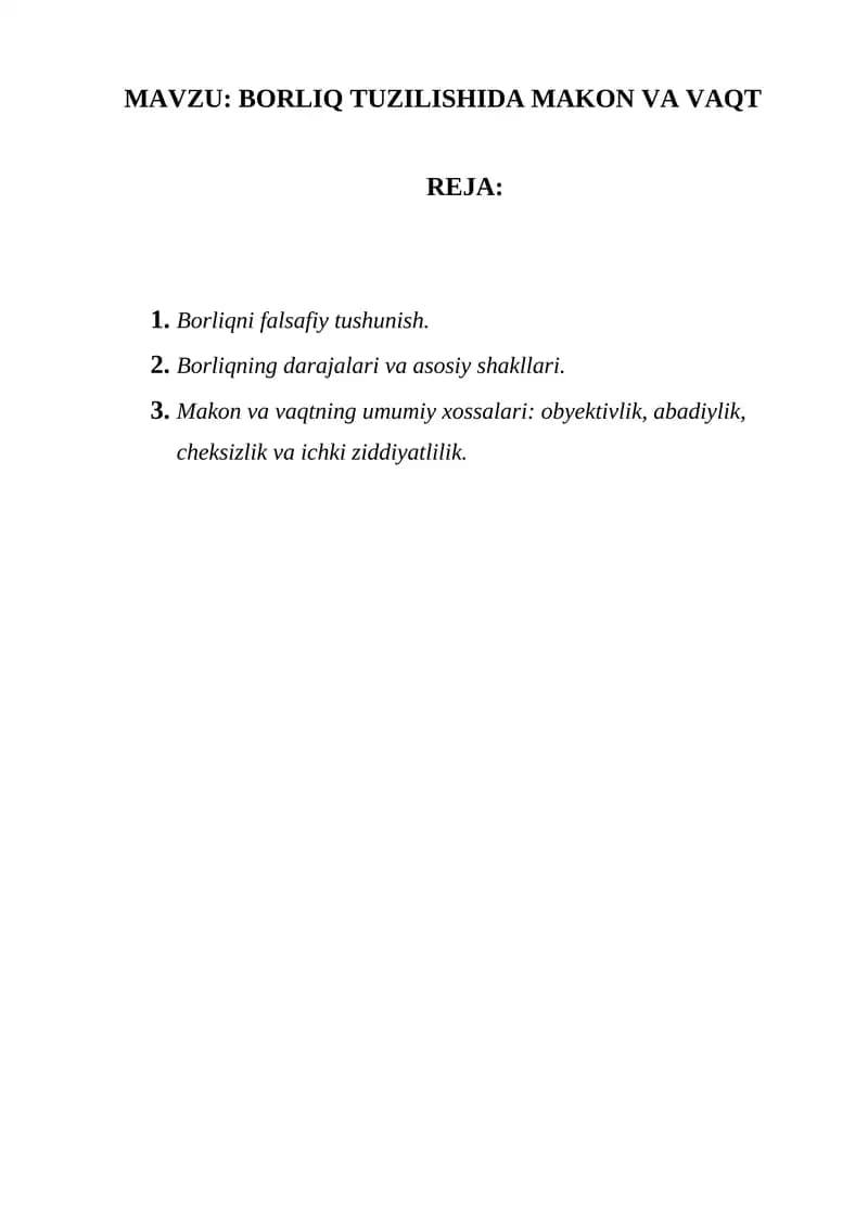 Borliq Tuzilishida Makon va Vaqt