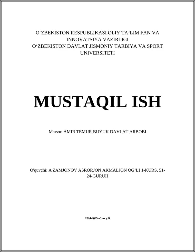 AMIR TEMUR BUYUK DAVLAT ARBOBI