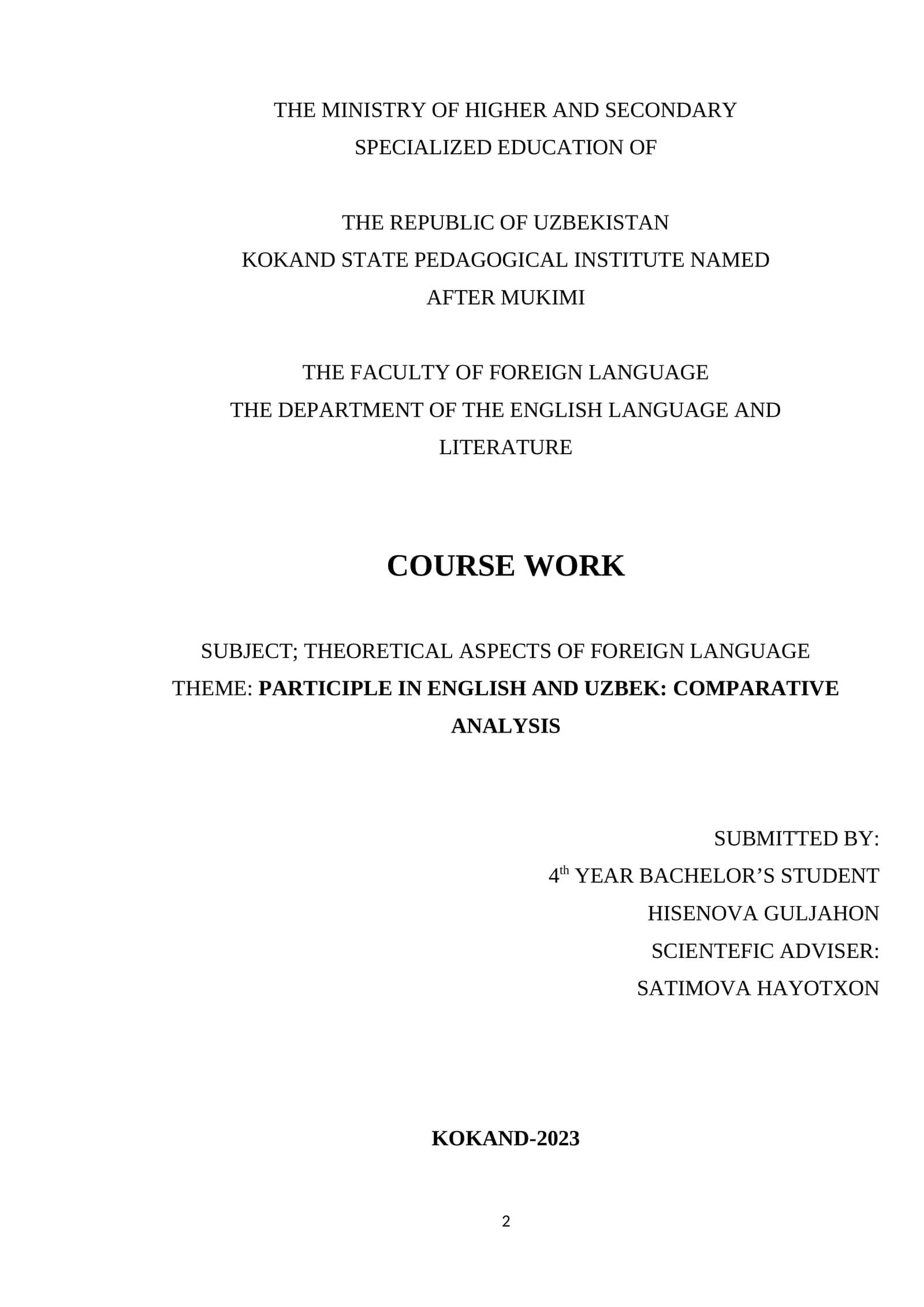 PARTICIPLE IN ENGLISH AND UZBEK: COMPARATIVE ANALYSIS