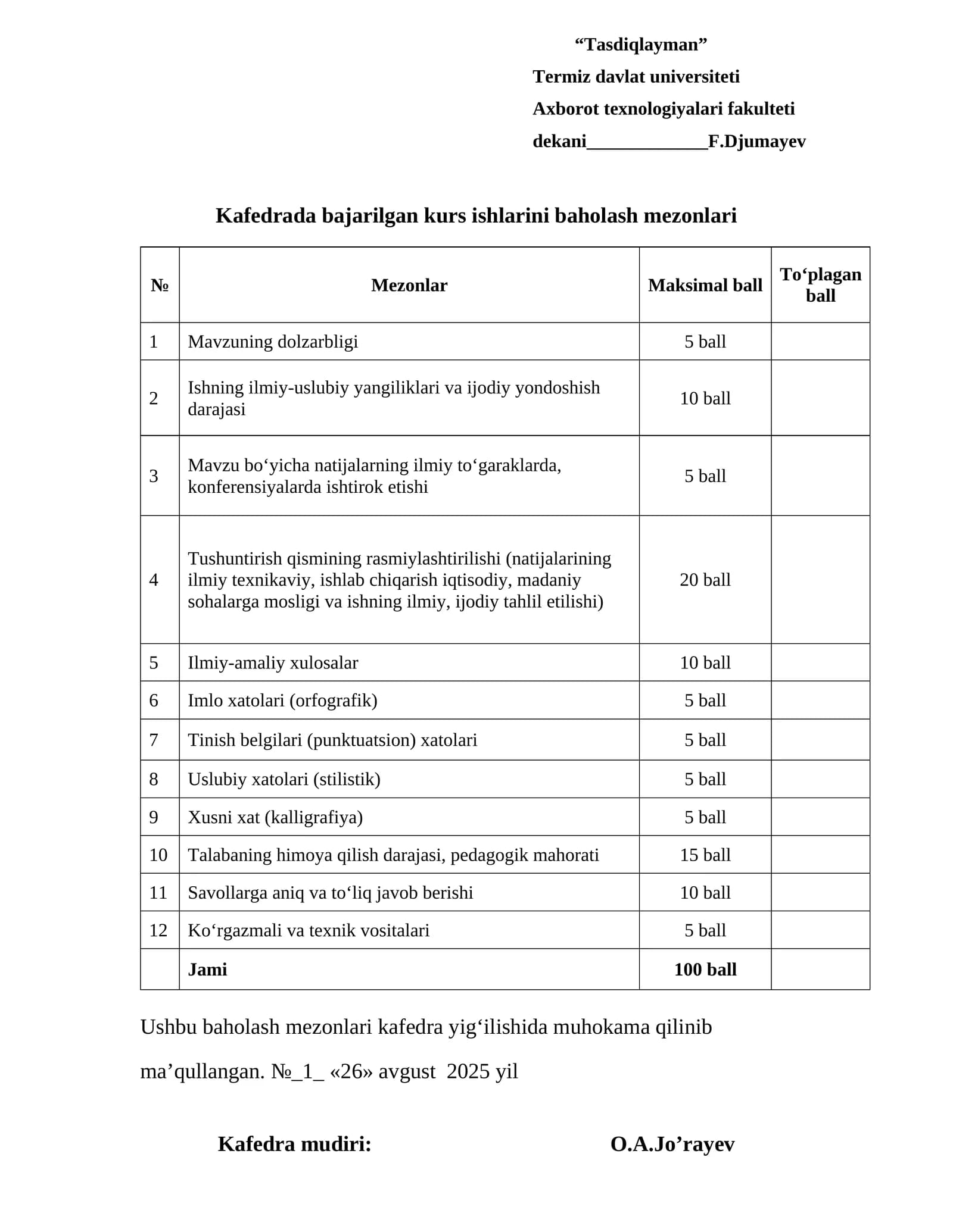 Kurs ishlarini baholash mezonlari