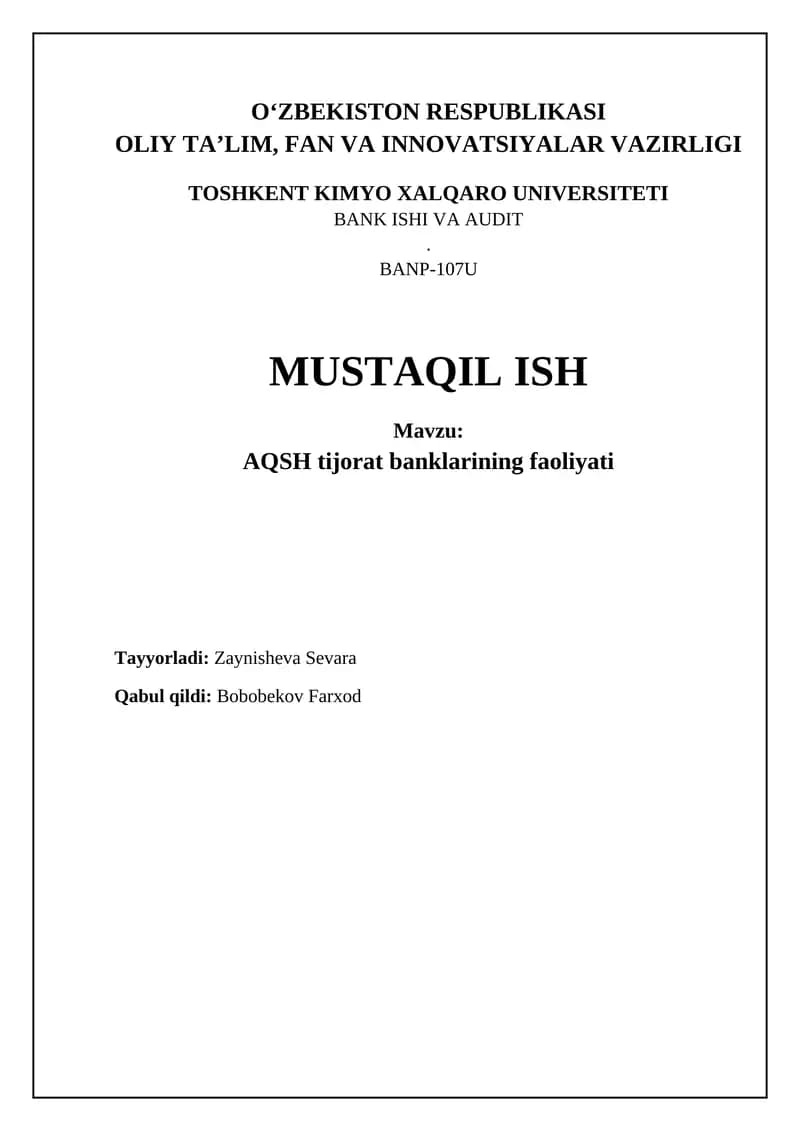 AQSH tijorat banklarining faoliyati