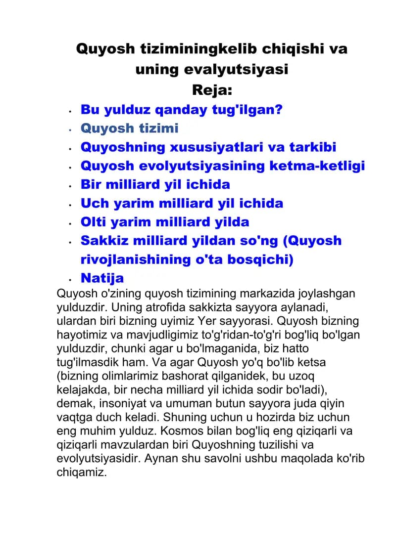 Quyosh tiziming kelib chiqishi va evalyutsiyasi