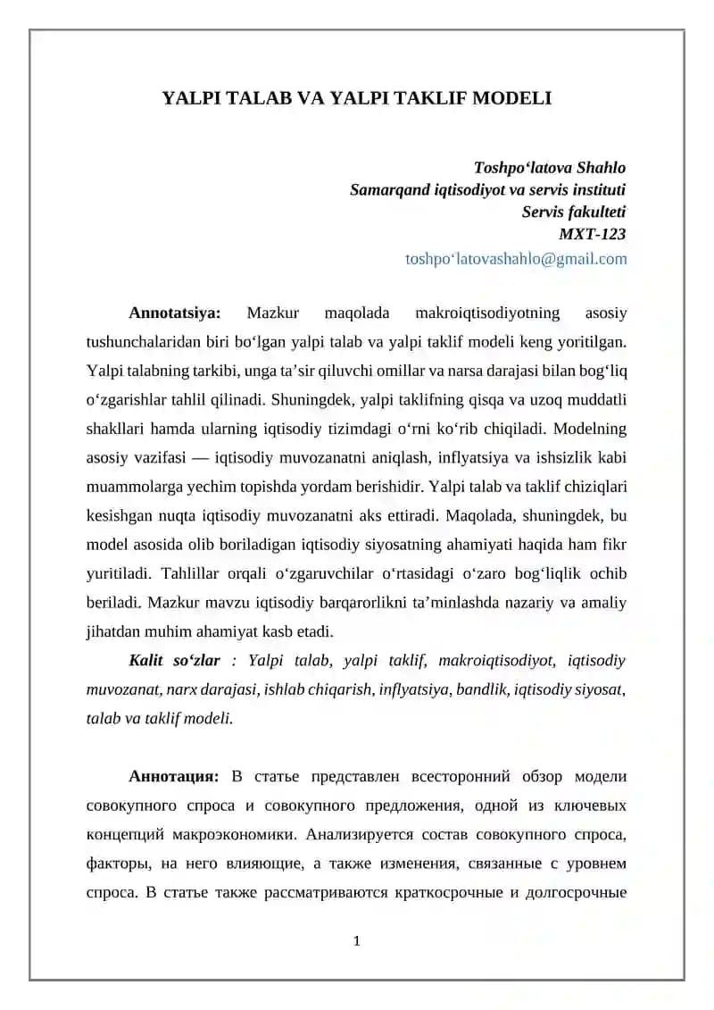 YALPI TALAB VA YALPI TAKLIF MODELI