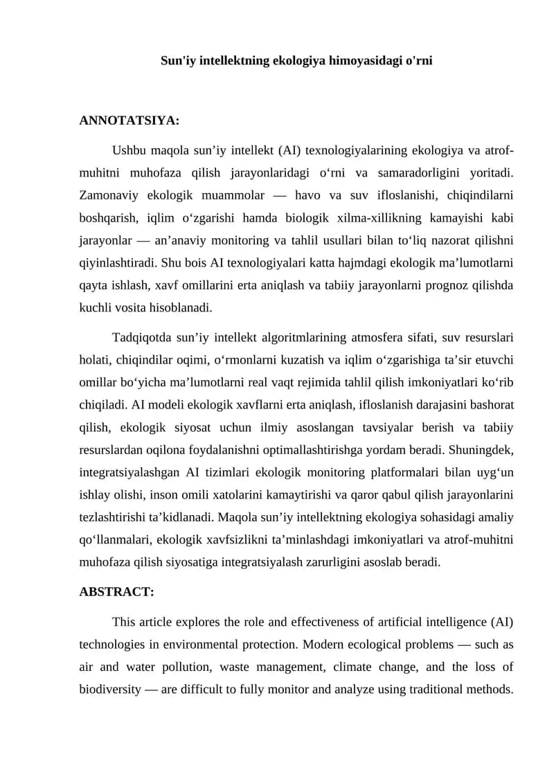 Sun'iy intellektning ekologiya himoyasidagi o'rni