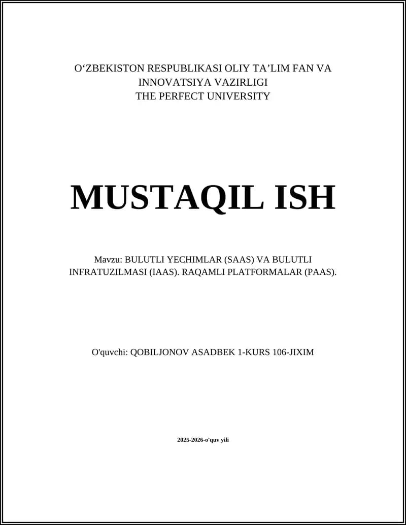 BULUTLI YECHIMLAR (SAAS) VA BULUTLI INFRATUZILMASI (IAAS). RAQAMLI PLATFORMALAR (PAAS)