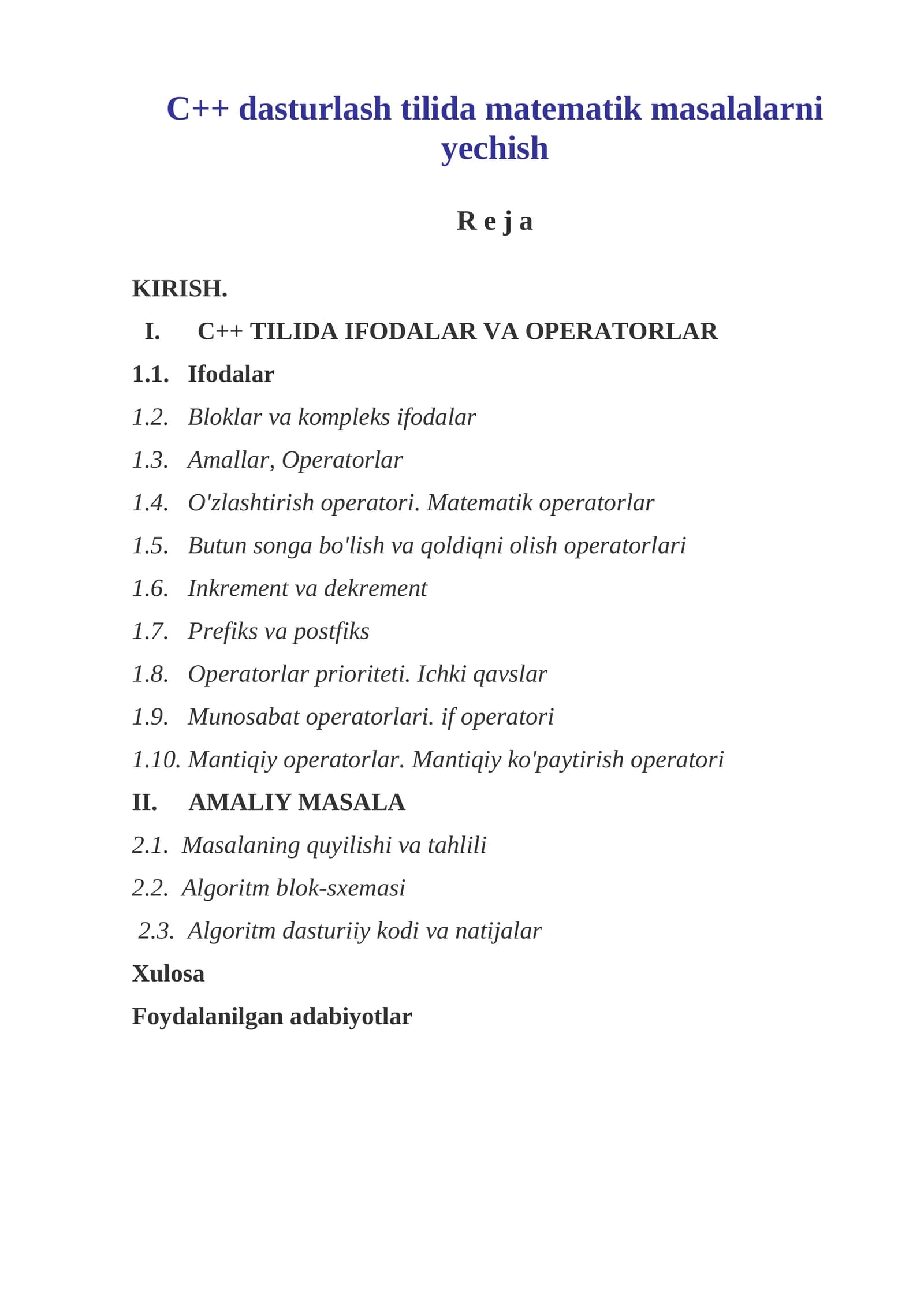 C++ dasturlash tilida matematik masalalarni yechish