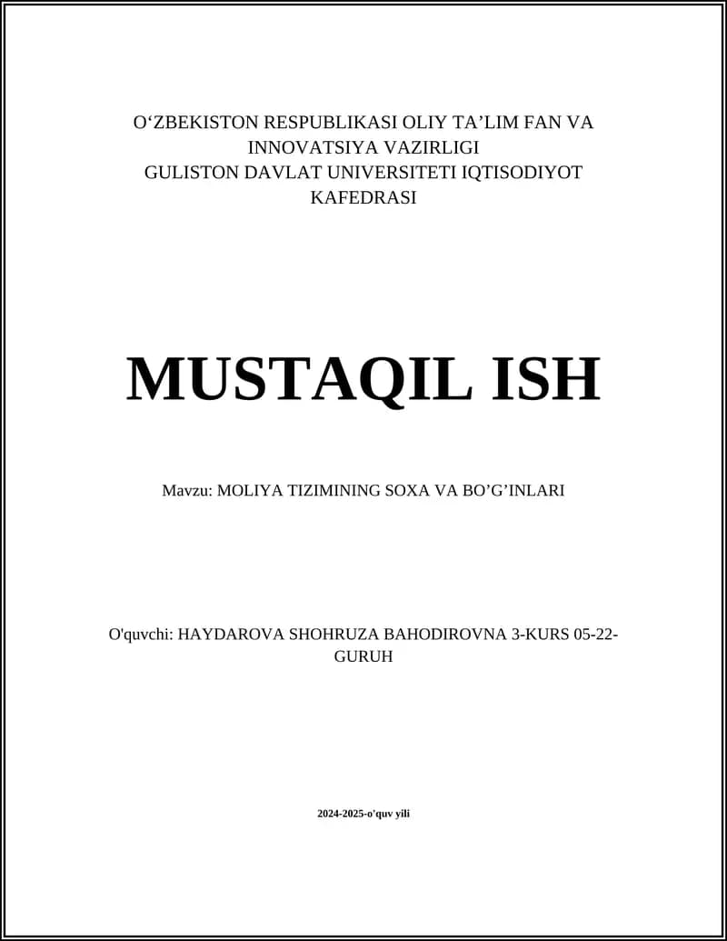 MOLIYA TIZIMINING SOXA VA BO’G’INLARI