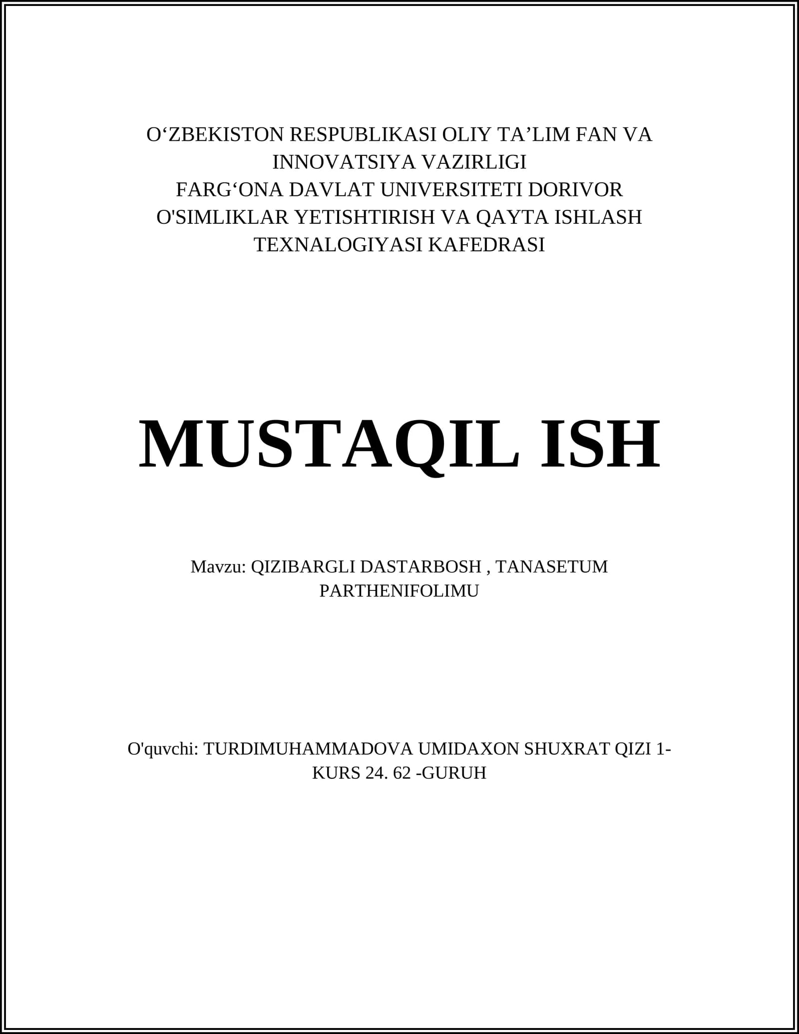 QIZIBARGLI DASTARBOSH, TANASETUM PARTHENIFOLIMU