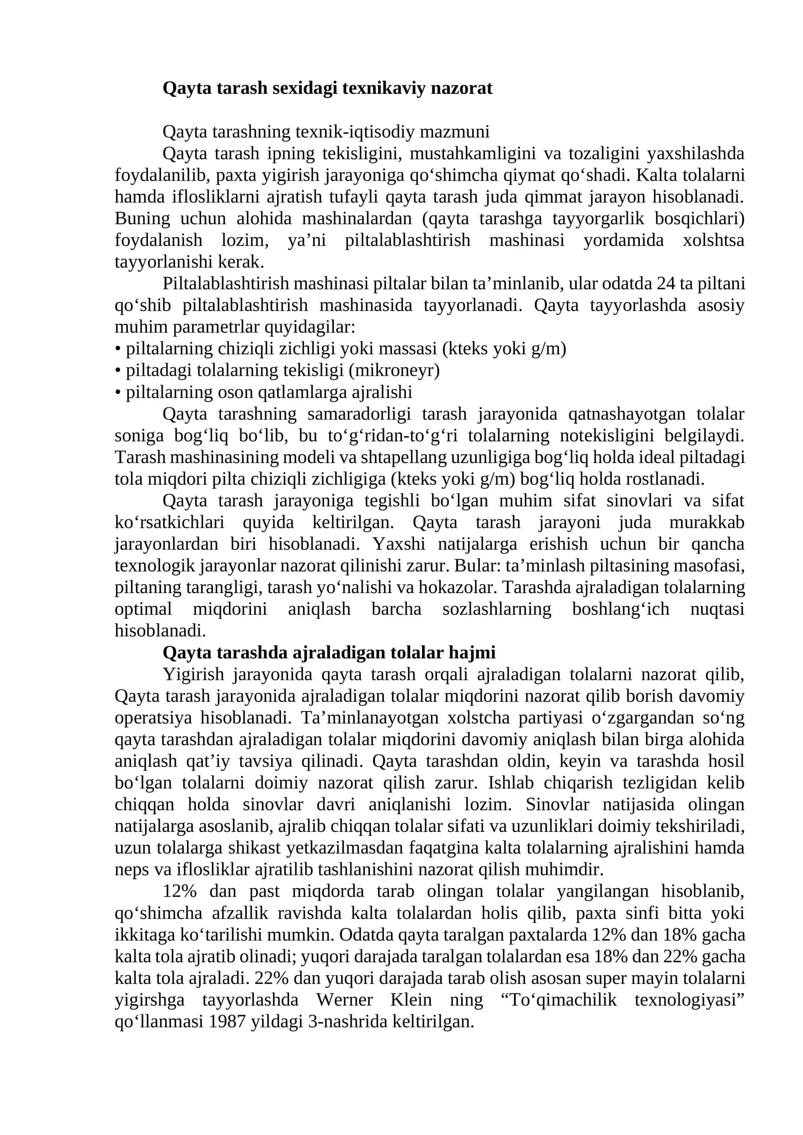 Qayta tarash sexidagi texnikaviy nazorat