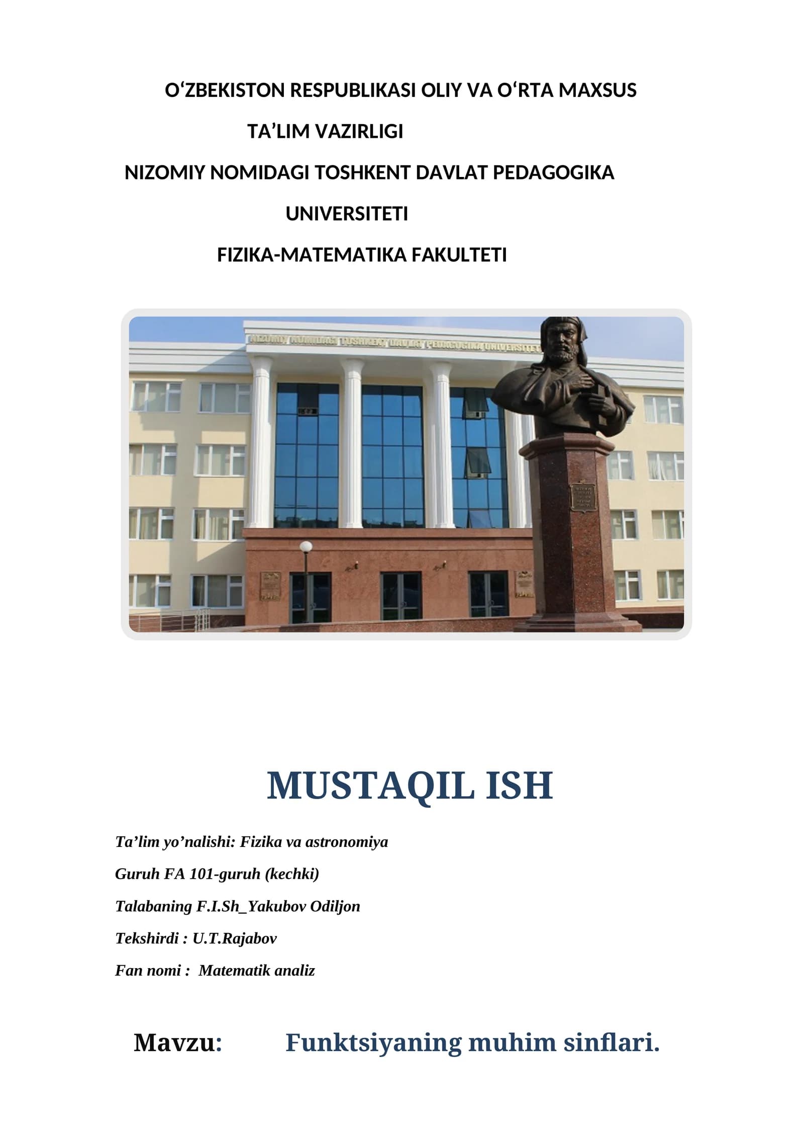 Funktsiyaning muhim sinflari