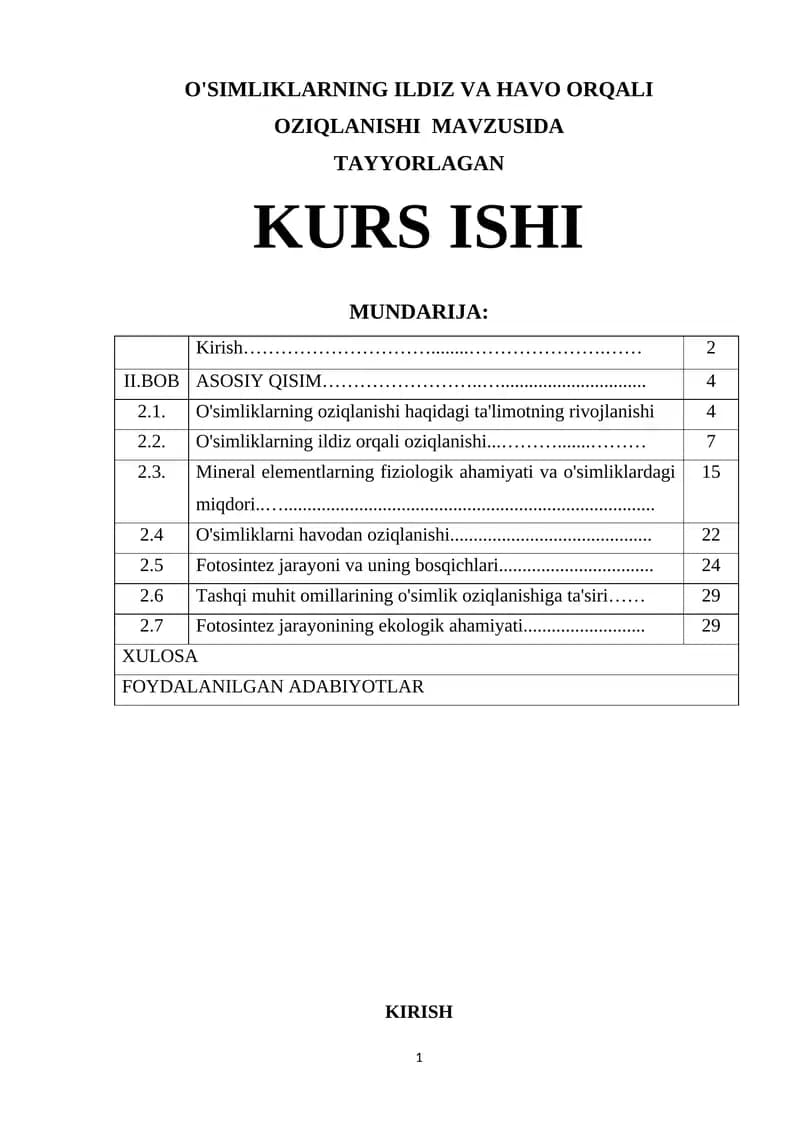 O'SIMLIKLARNING ILDIZ VA HAVO ORQALI OZIQLANISHI