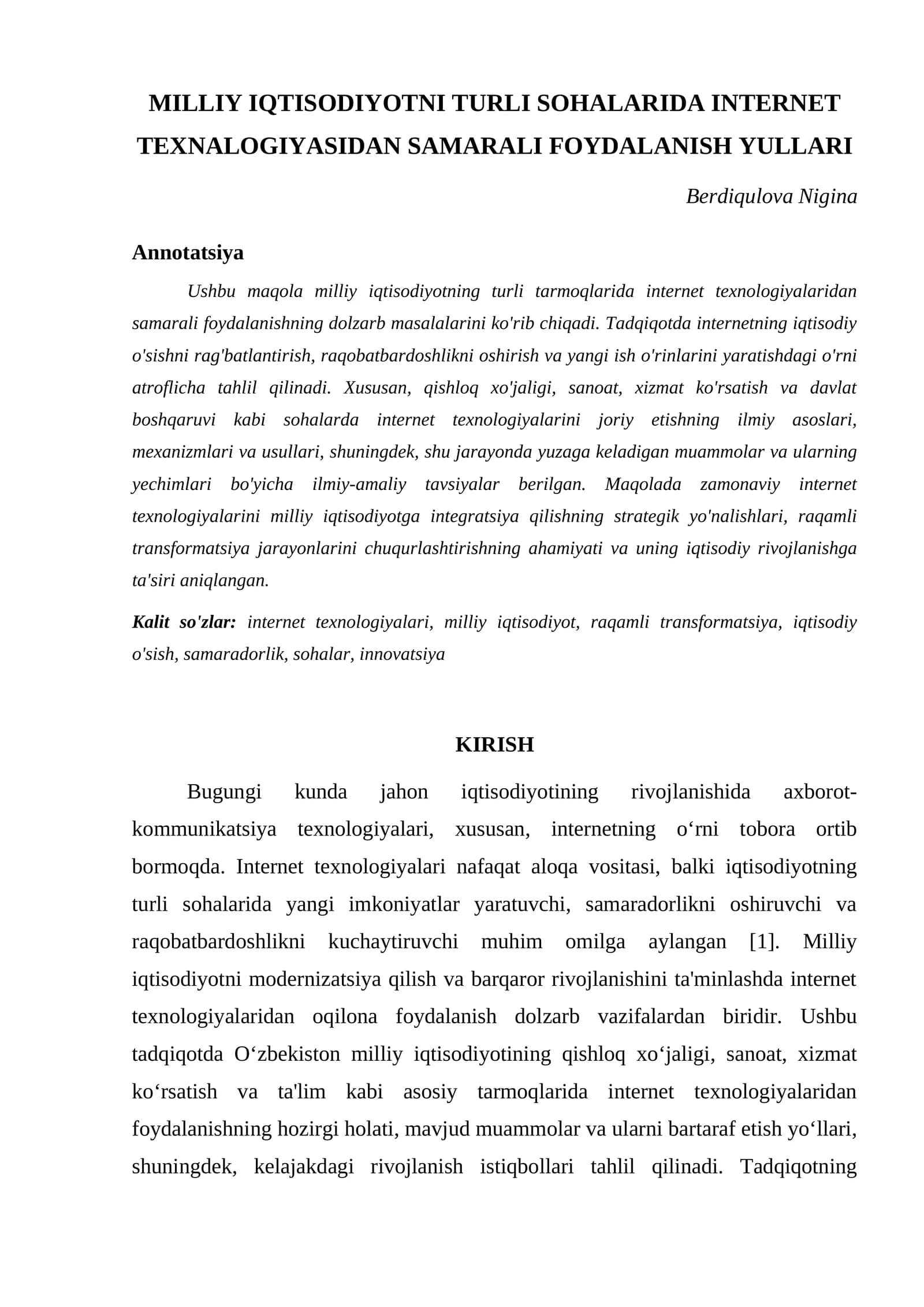 MILLIY IQTISODIYOTNI TURLI SOHALARIDA INTERNET TEXNALOGIYASIDAN SAMARALI FOYDALANISH YULLARI