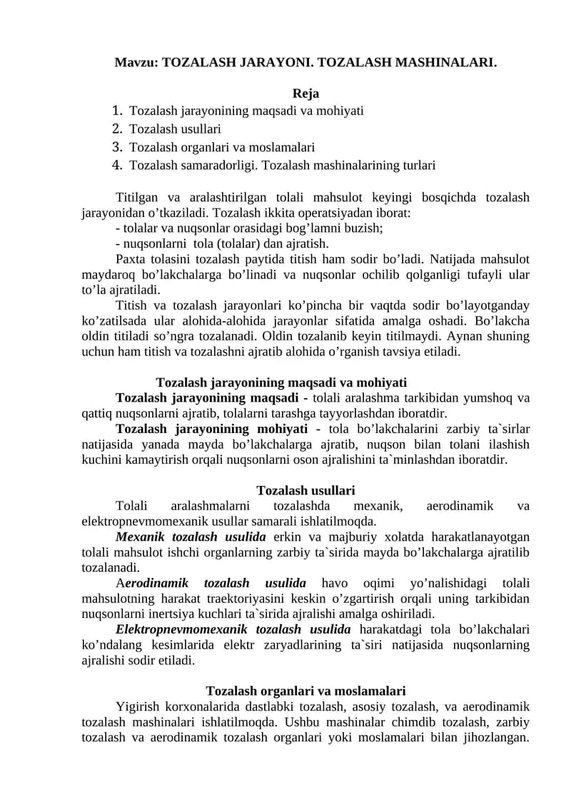 TOZALASH JARAYONI
