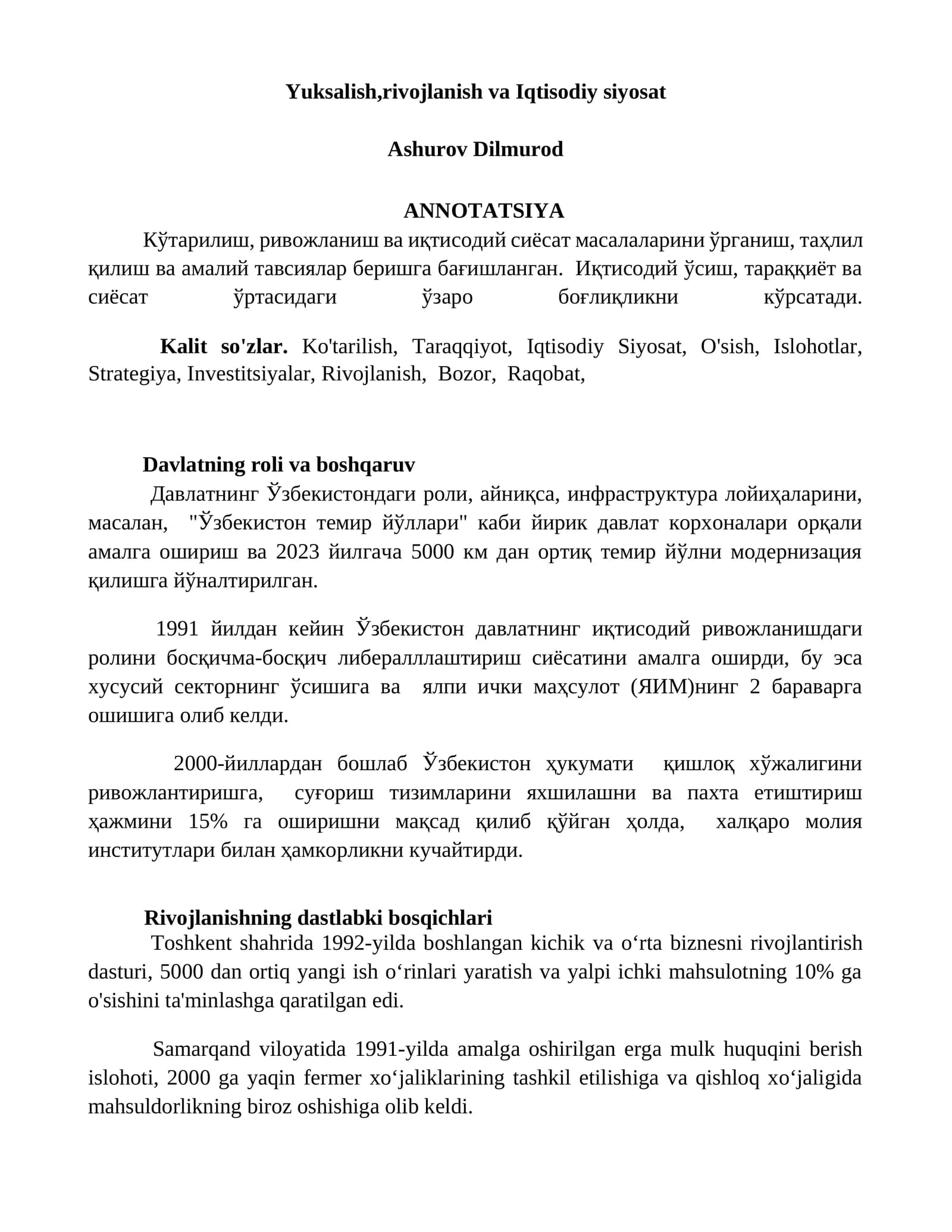 Yuksalish,rivojlanish va Iqtisodiy siyosat