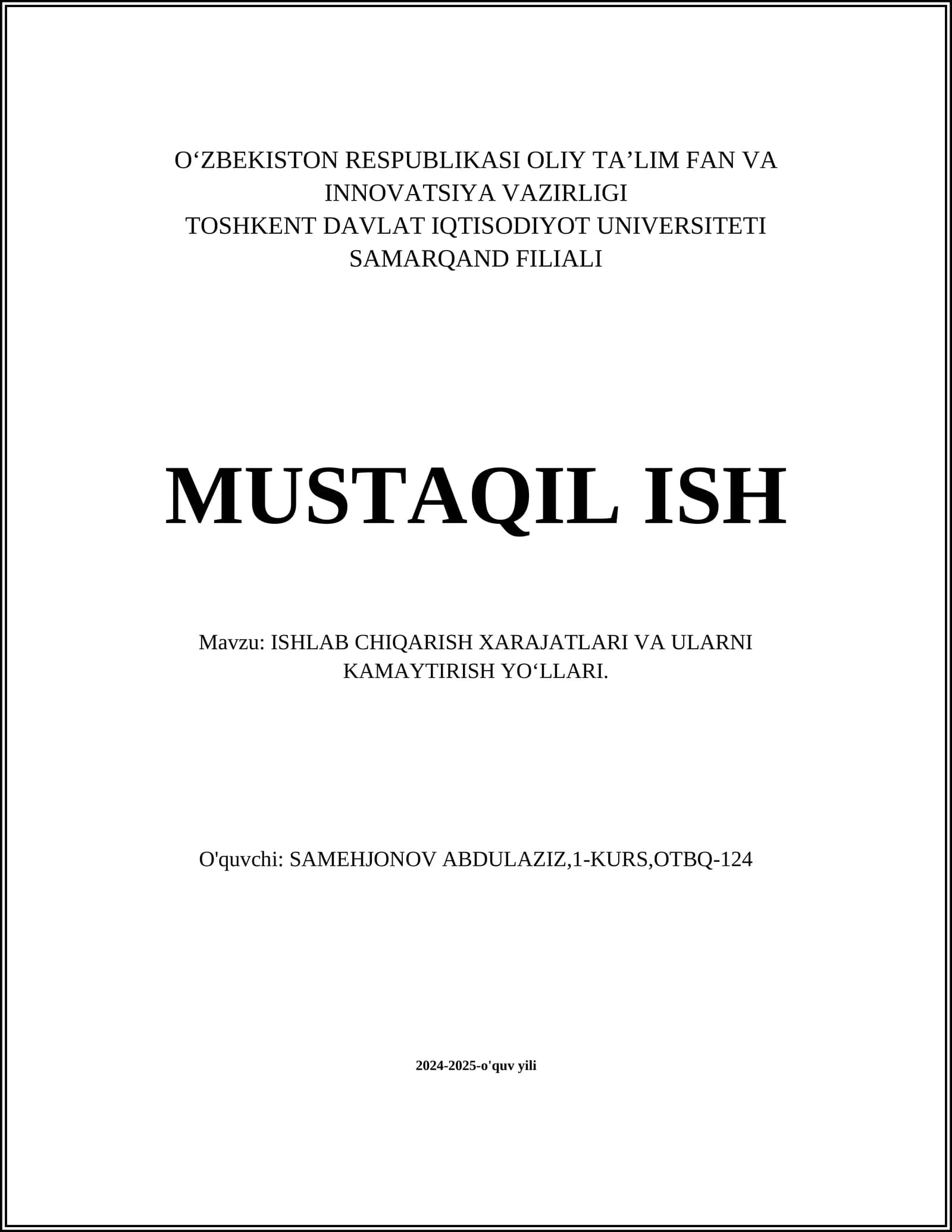 ISHLAB CHIQARISH TANNARXINI TAHLIL QILISH
