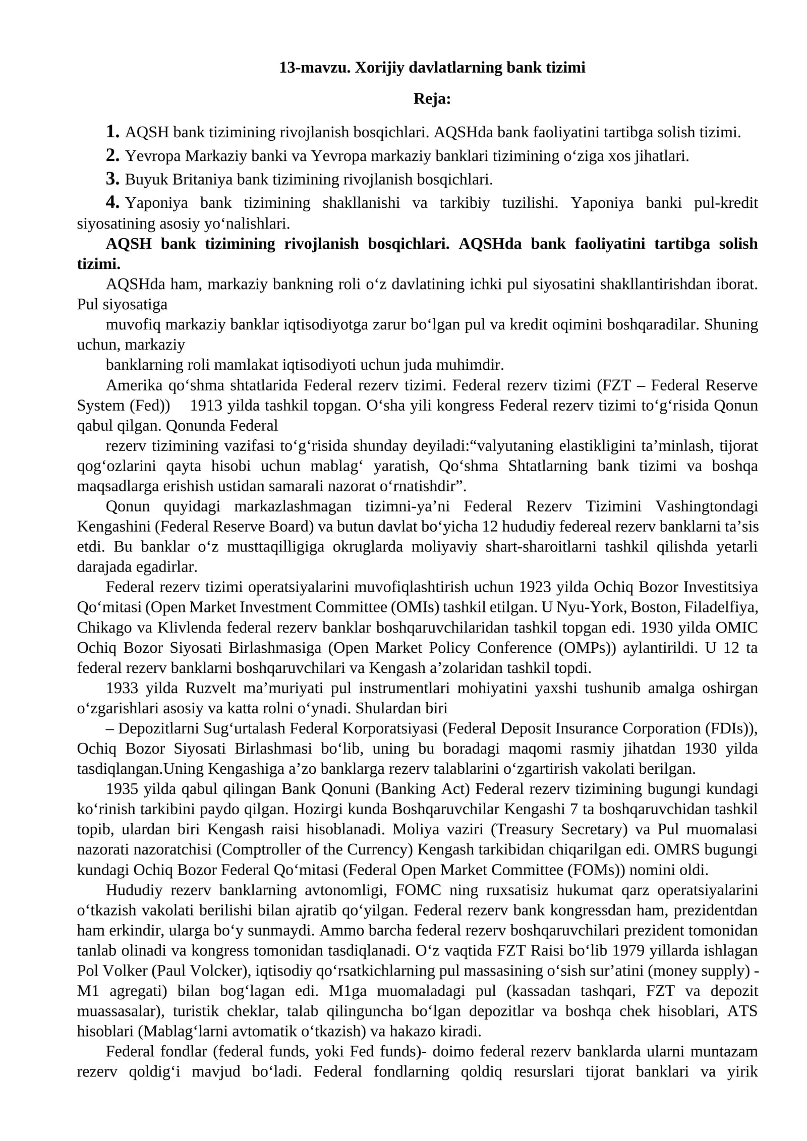 Xorijiy davlatlarning bank tizimi