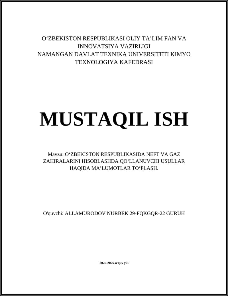 O‘zbekiston Respublikasida Neft va Gaz Zahiralarini Hisoblash