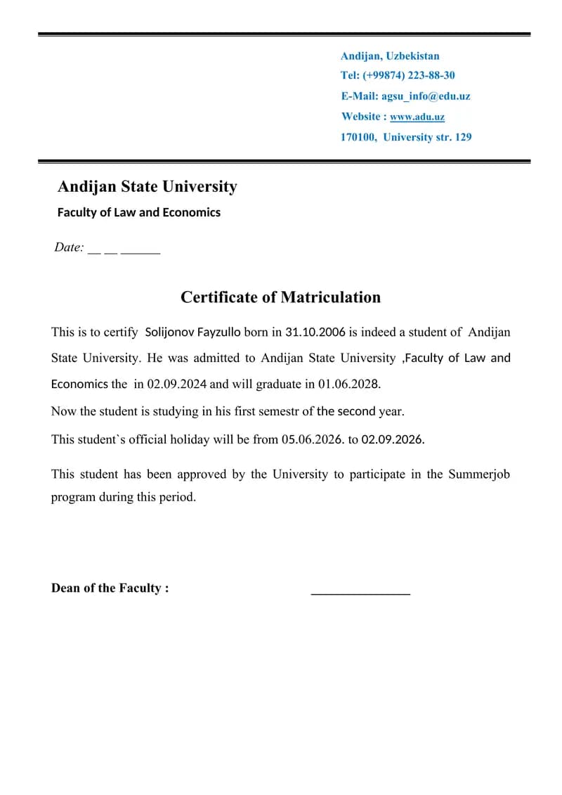 Certificate of Matriculation