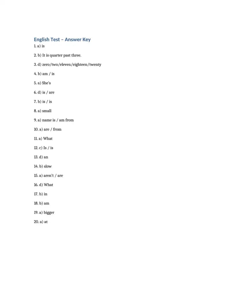 English Test – Answer Key