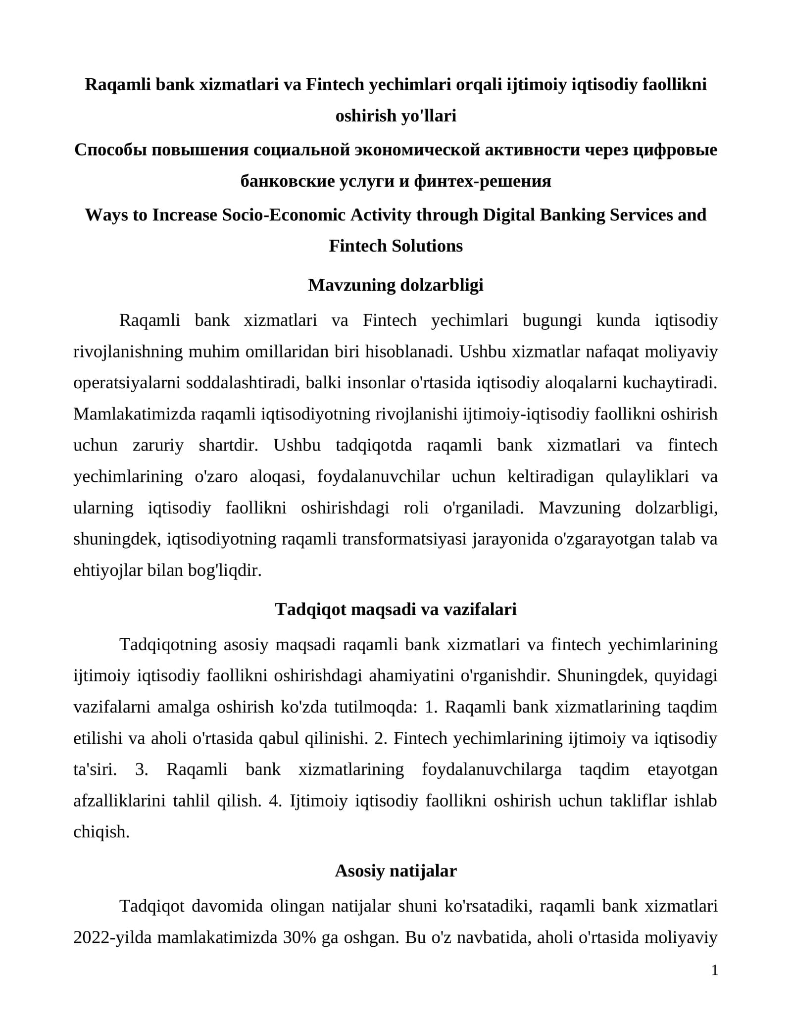 Raqamli bank xizmatlari va Fintech yechimlari