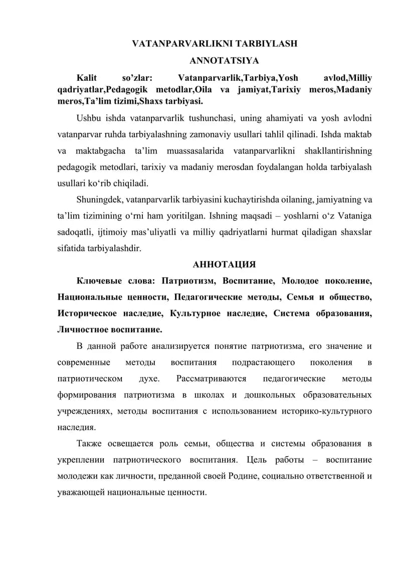 VATANPARVARLIKNI TARBIYLASH