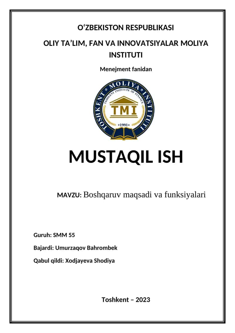 Boshqaruv maqsadi va funksiyalari