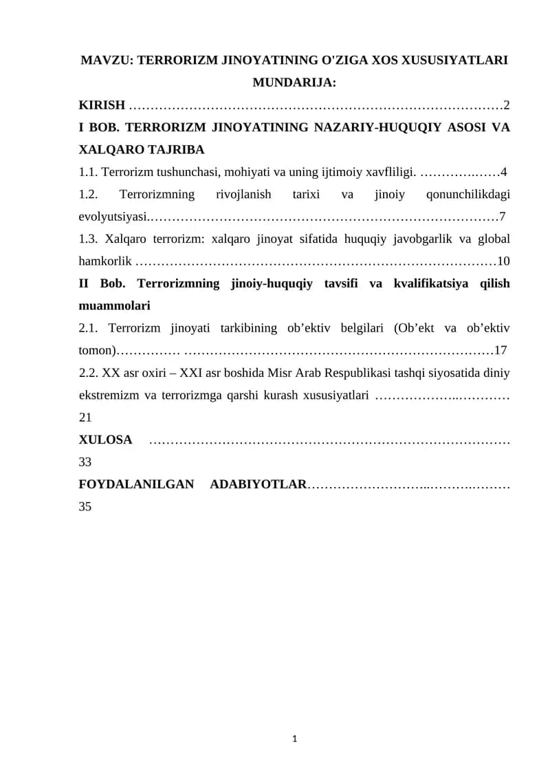 TERRORIZM JINOYATINING O'ZIGA XOS XUSUSIYATLARI
