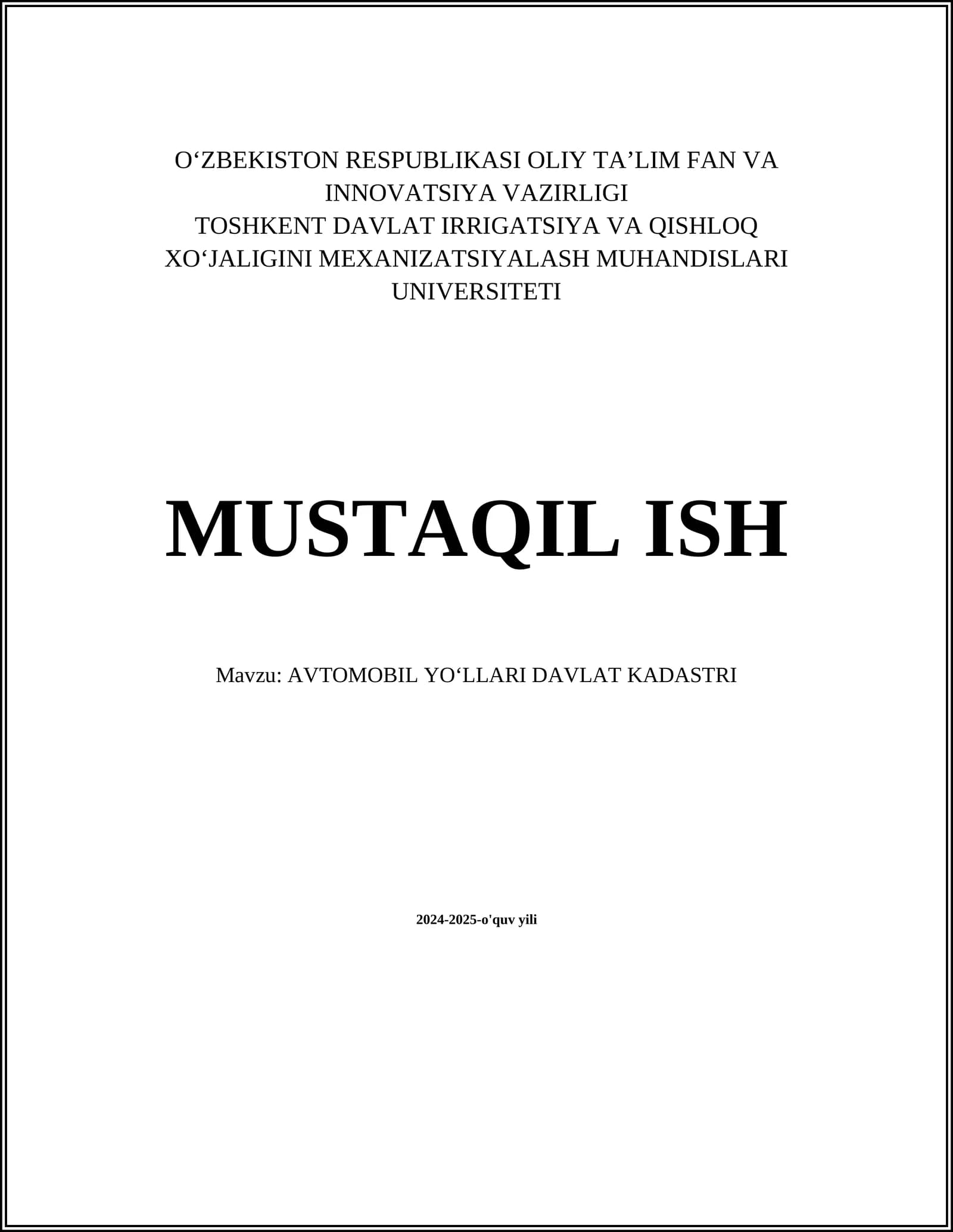 AVTOMOBIL YOʻLLARI DAVLAT KADASTRI