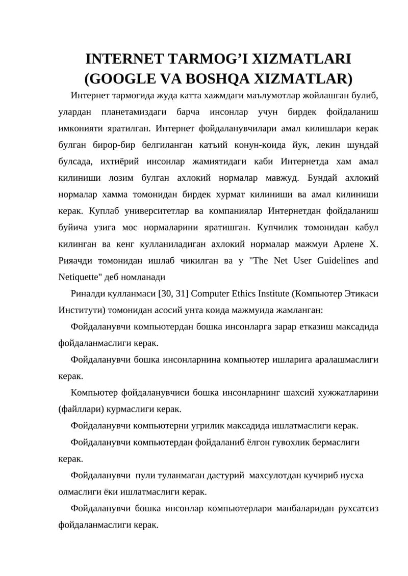 INTERNET TARMOG’I XIZMATLARI (GOOGLE VA BOSHQA XIZMATLAR)