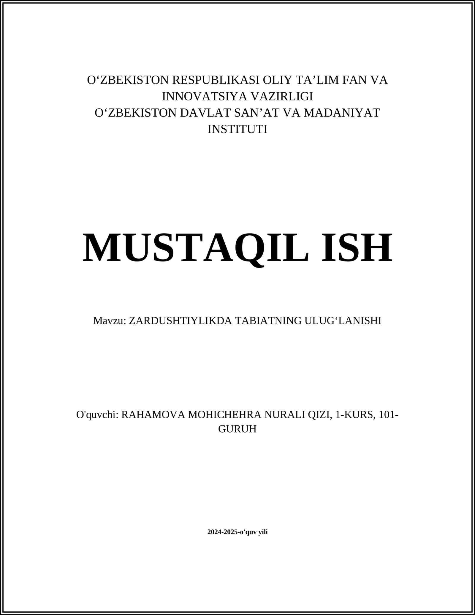 ZARDUSHTIYLIKDA TABIATNING ULUGʻLANISHI