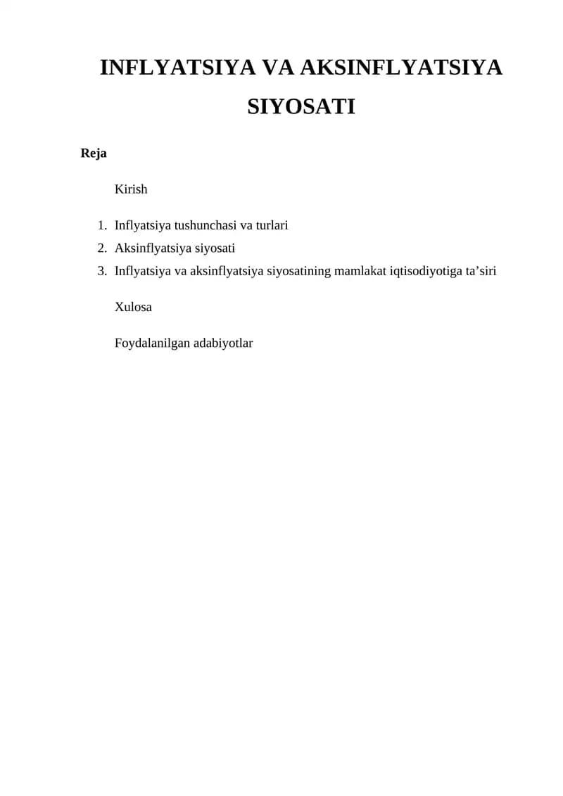 INFLYATSIYA VA AKSINFLYATSIYA SIYOSATI