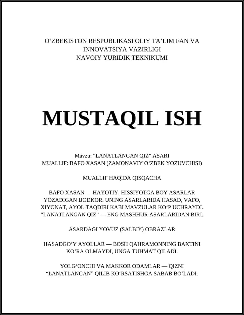 "LANATLANGAN QIZ" ASARI