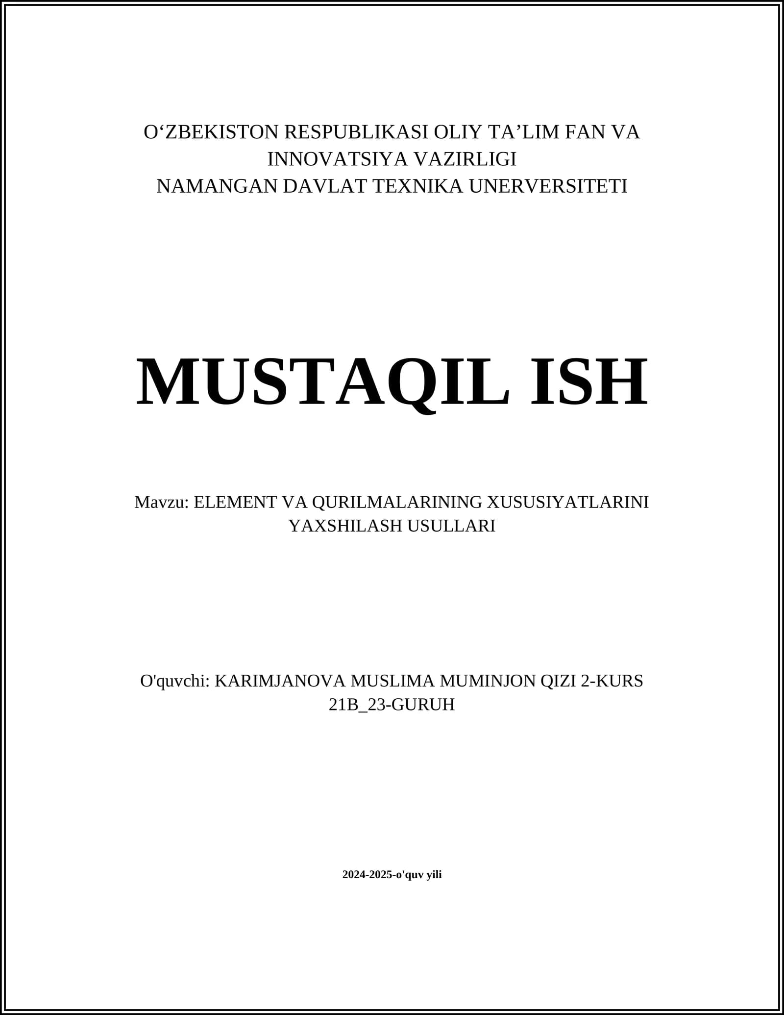 ELEMENT VA QURILMALARINING XUSUSIYATLARINI YAXSHILASH USULLARI