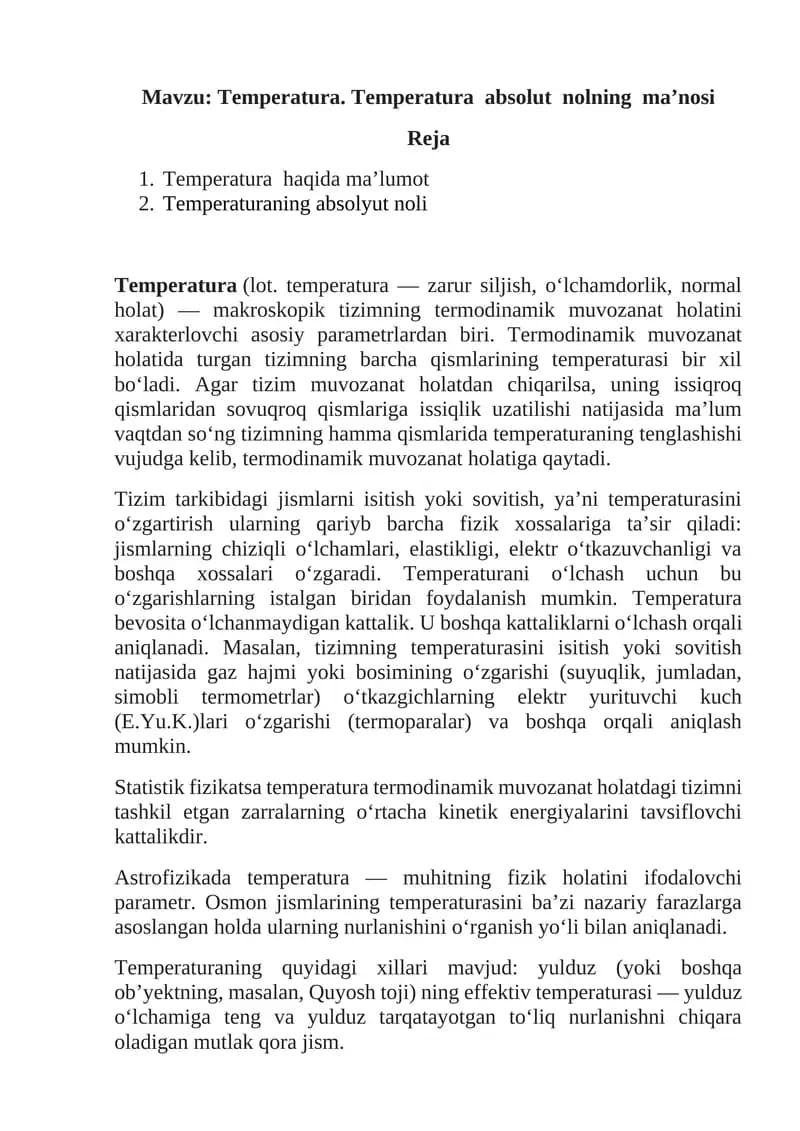 Temperatura. Temperatura absolut nolning ma’nosi