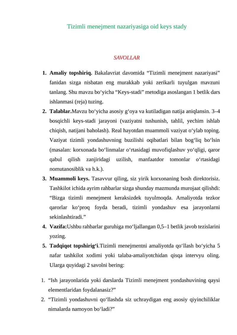 Tizimli menejment nazariyasiga oid keys stady