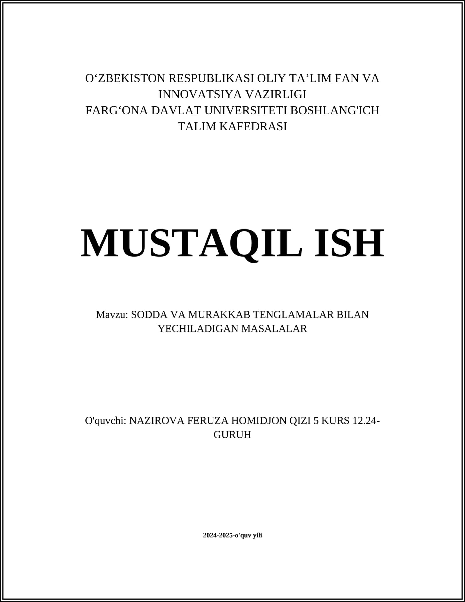 SODDA VA MURAKKAB TENGLAMALAR BILAN YECHILADIGAN MASALALAR