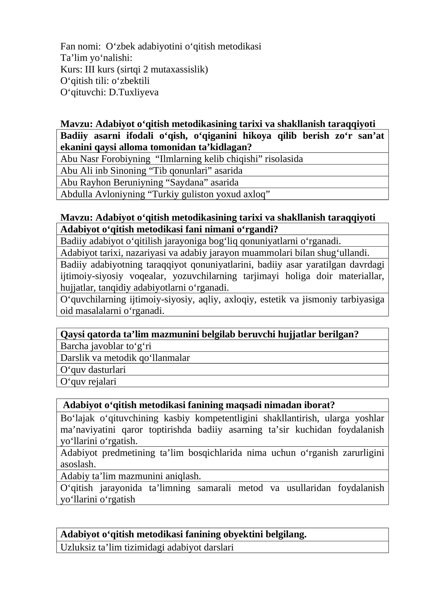 Adabiyot o‘qitish metodikasi