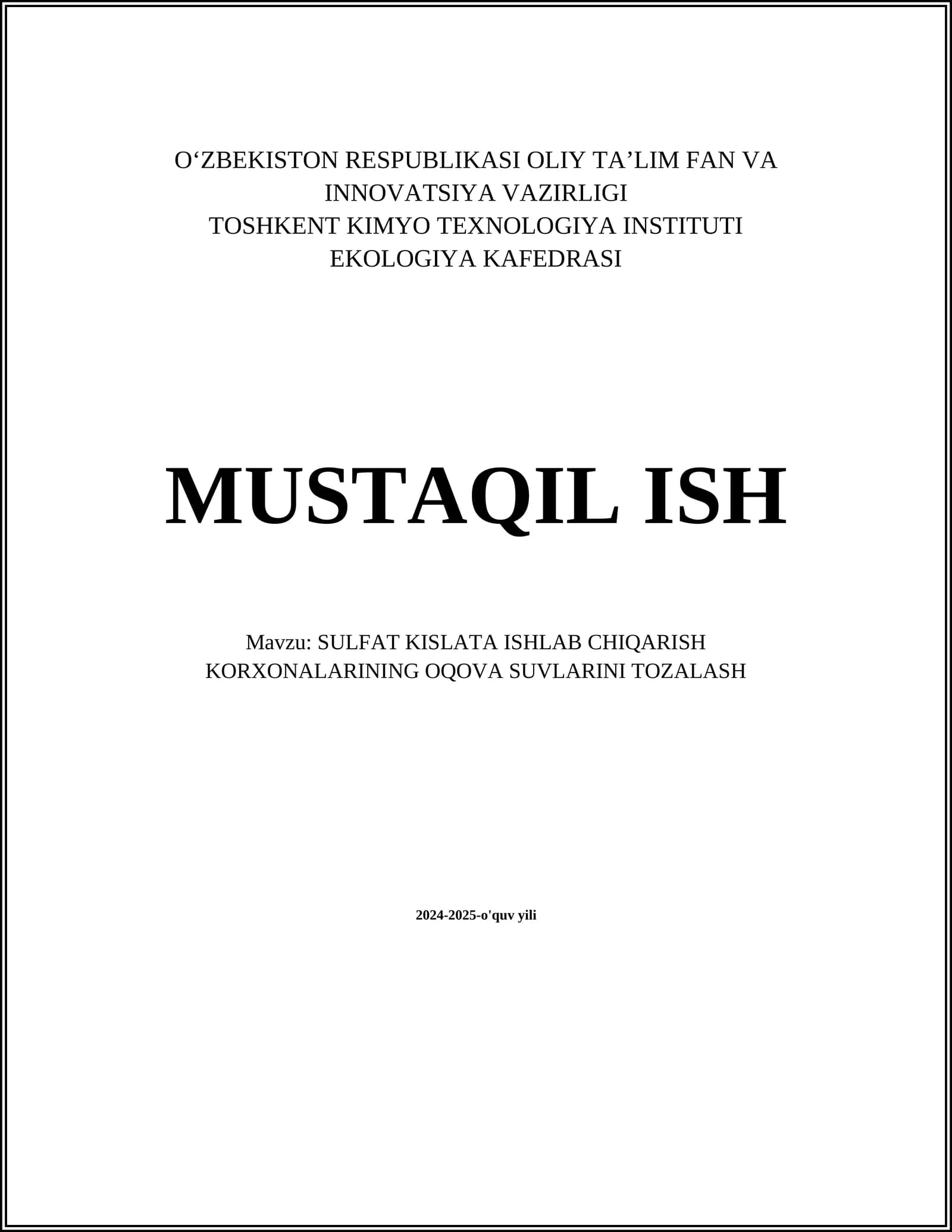 SULFAT KISLATA ISHLAB CHIQARISH KORXONALARINING OQOVA SUVLARINI TOZALASH