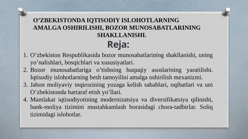 O’ZBEKISTONDA IQTISODIY ISLOHOTLAR